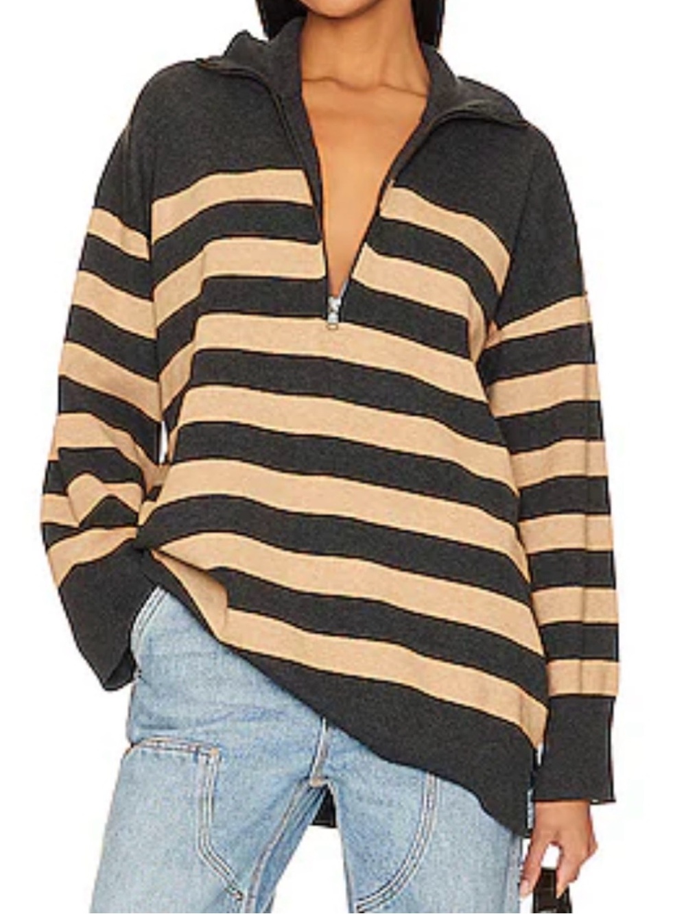 Free People Coastal Striped Half-Zip Pullover Sweater in Black and Tan.